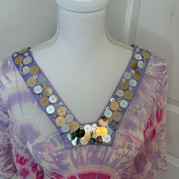 Bebe Silk Tie Dye Sequin V-Neck Tunic Top Purple Pink Kimono Sleeve Large - Picture 2 of 5